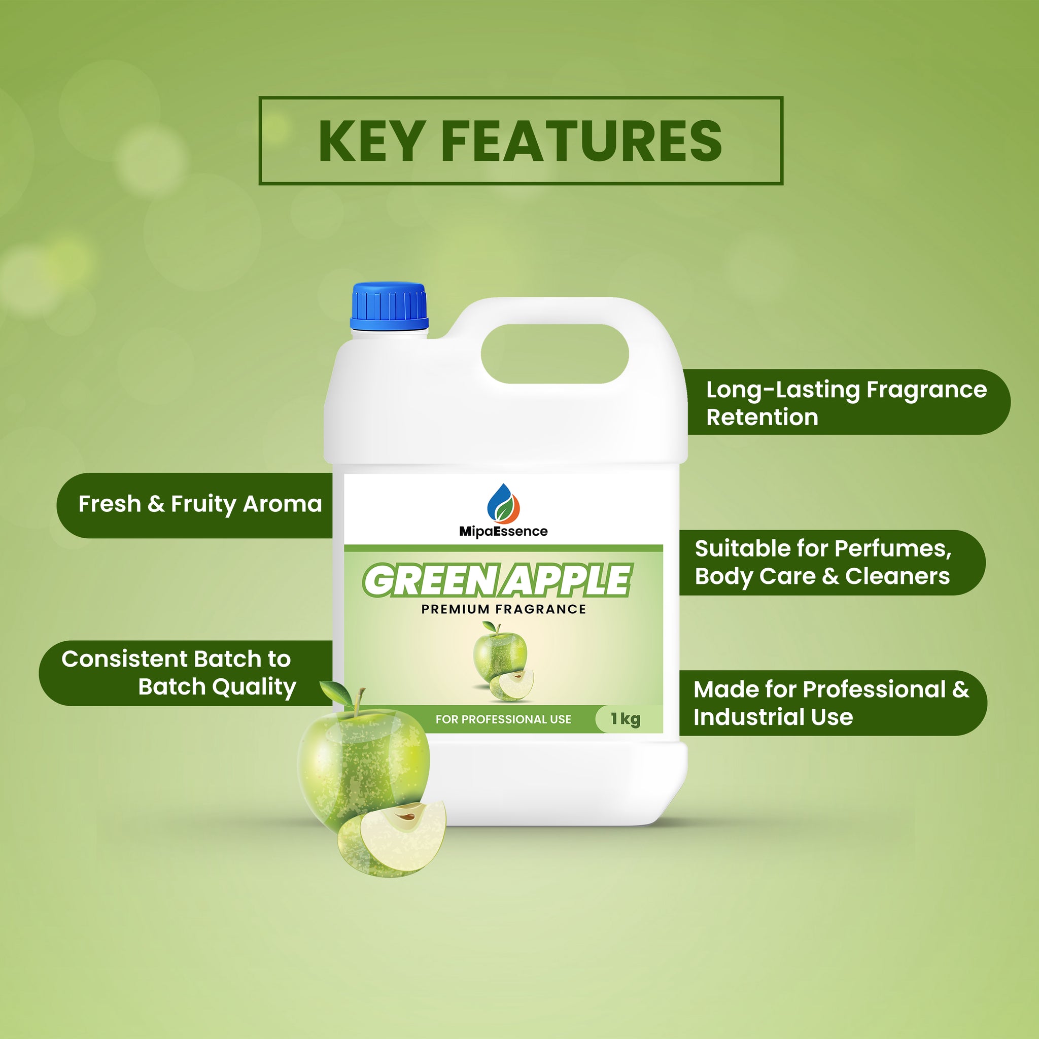 MipaEssence Green Apple Fragrance Essence in 1kg Jerrycan – Fresh & Fruity Aroma for Perfumes, Soaps & Cleaners