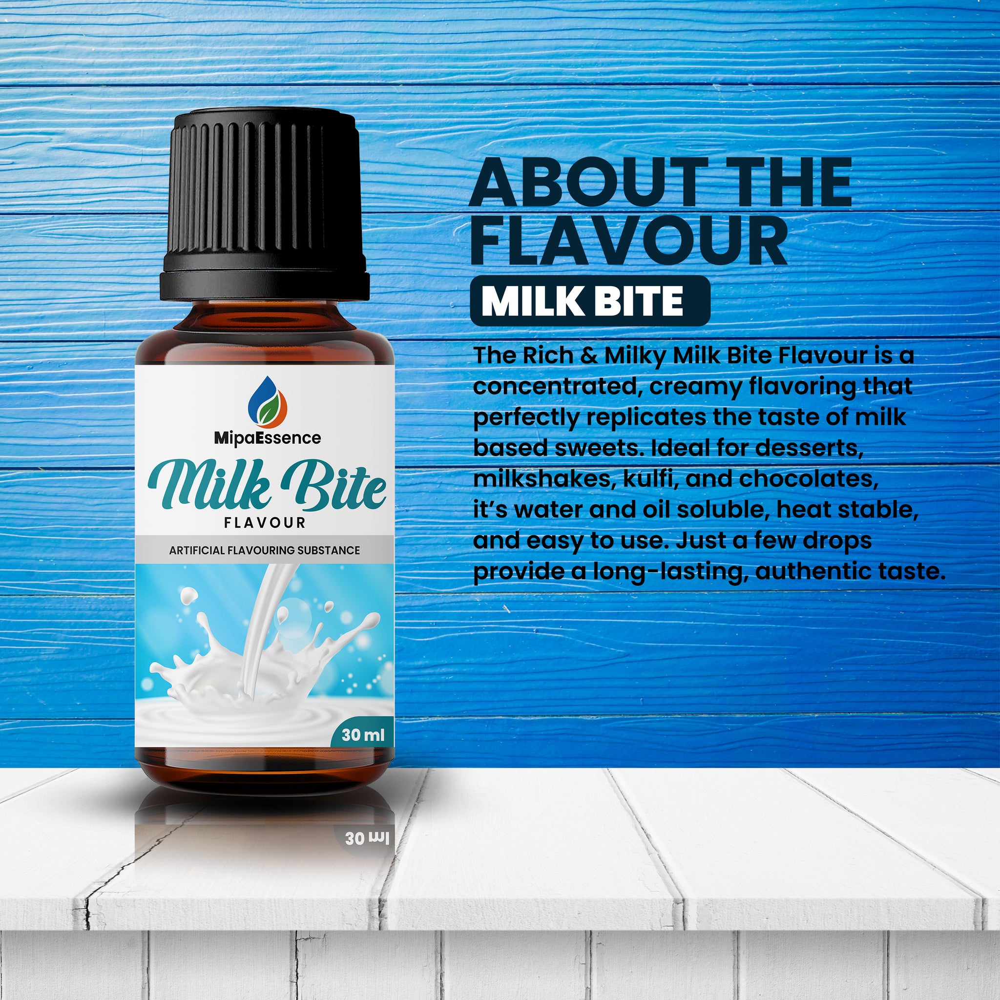 About MipaEssence Milk Bite Flavour – description of creamy, long-lasting milk essence ideal for sweets, kulfi, chocolates, and beverages.