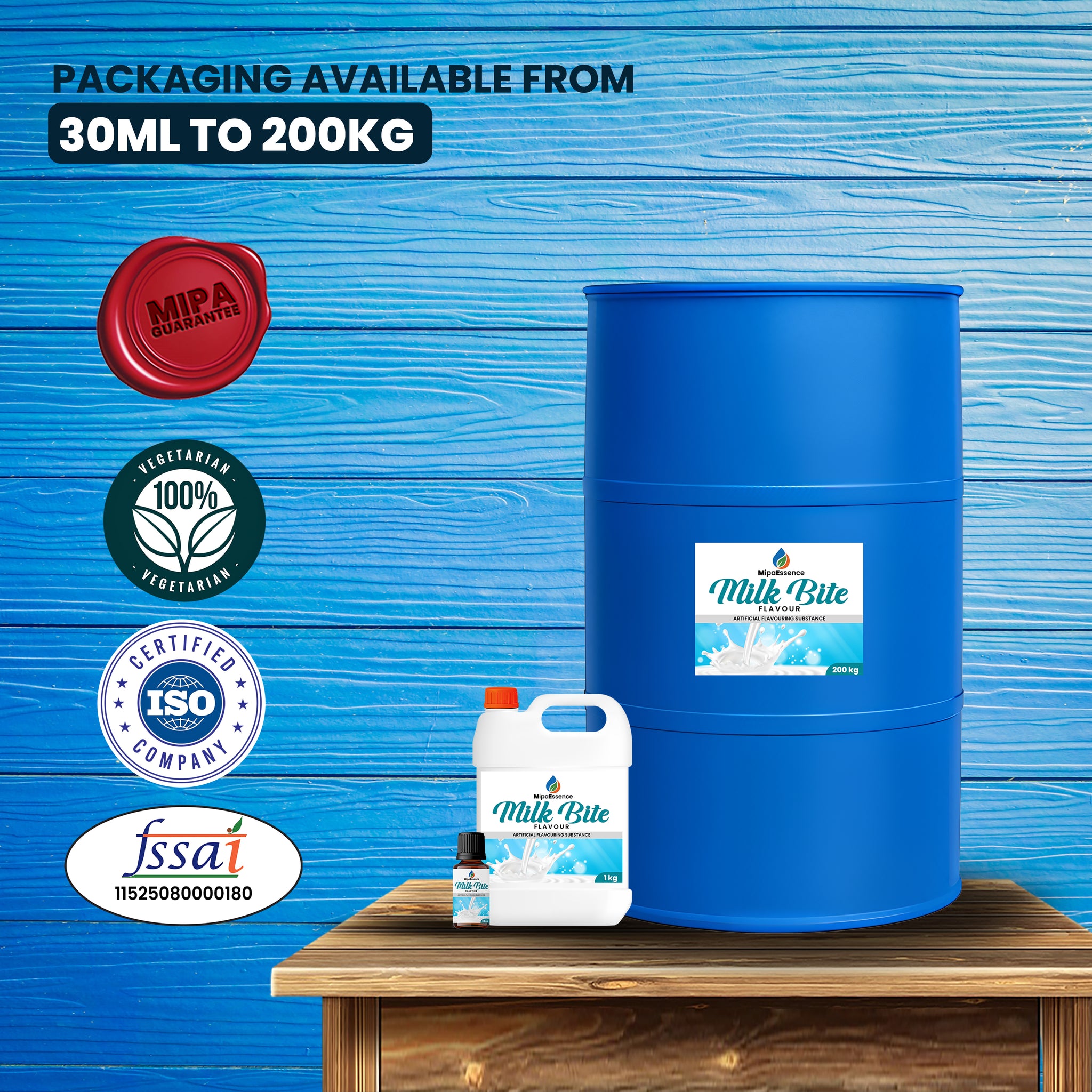 MipaEssence Milk Bite Flavour – Full product range including 30ml bottle, 1kg can, and 200kg drum with certifications.