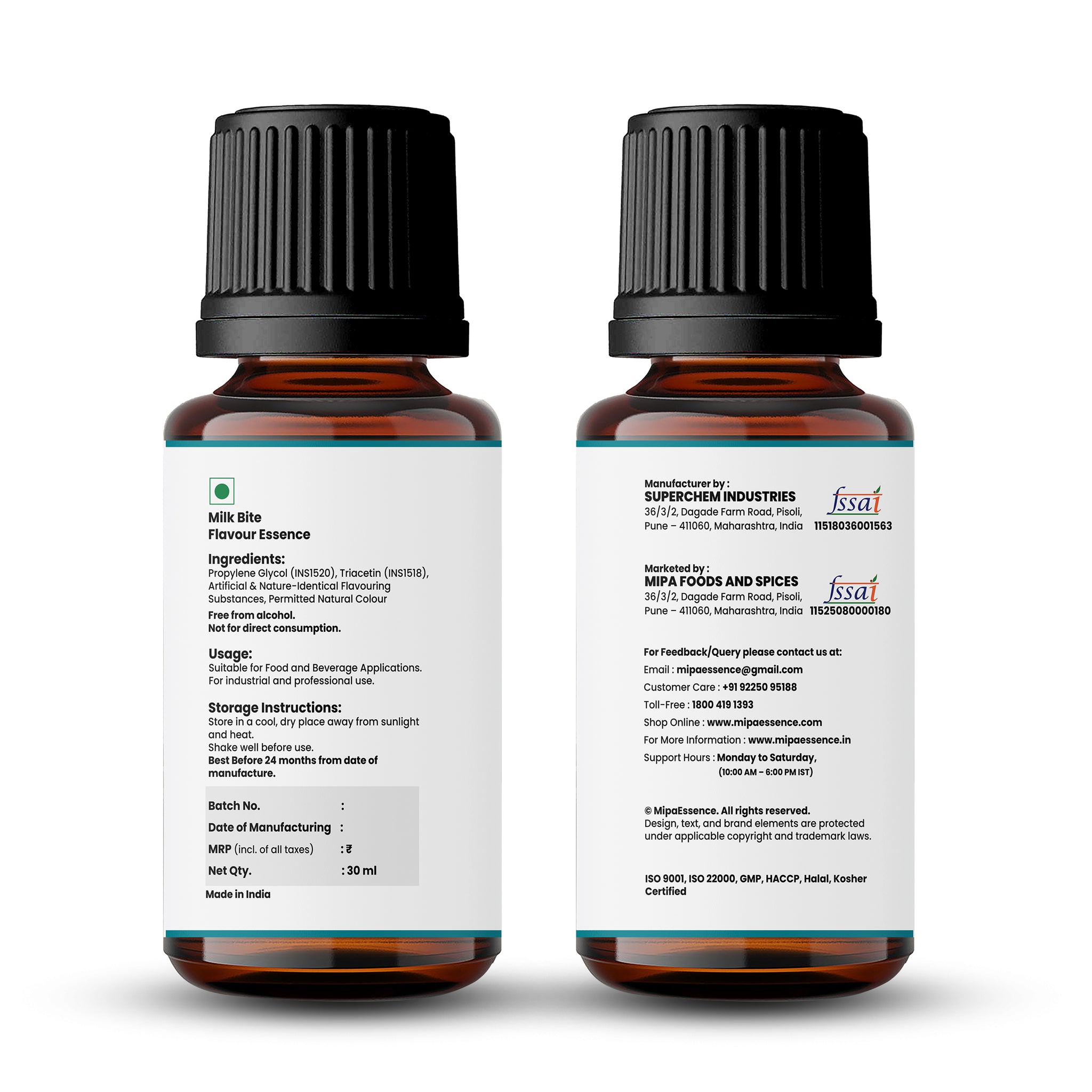 Front and back view of 30ml Milk Bite Flavour bottle showing ingredients, usage, and FSSAI certification.
