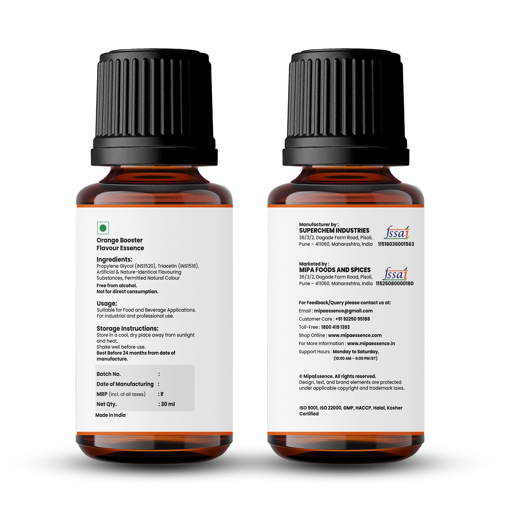 MipaEssence Orange Booster Flavour Bottle Back Label Showing Ingredients, Usage, Manufacturer & Certifications