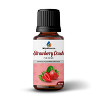 Front-facing image of 30ml MipaEssence Strawberry Crush Flavour bottle with strawberry artwork and artificial flavour label.