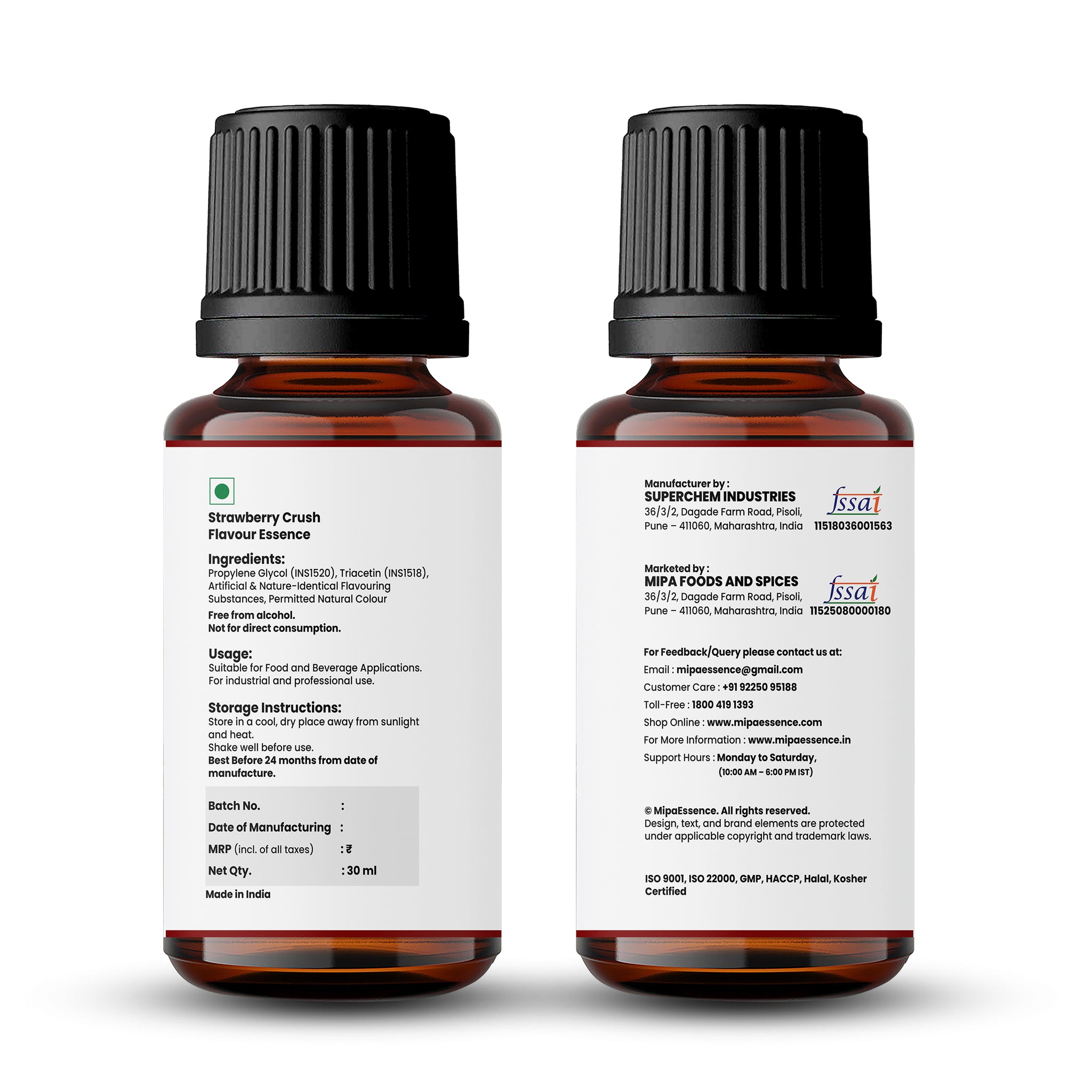 Full label view of MipaEssence Strawberry Crush Flavour bottle showing ingredients, usage, manufacturing details, and FSSAI license.