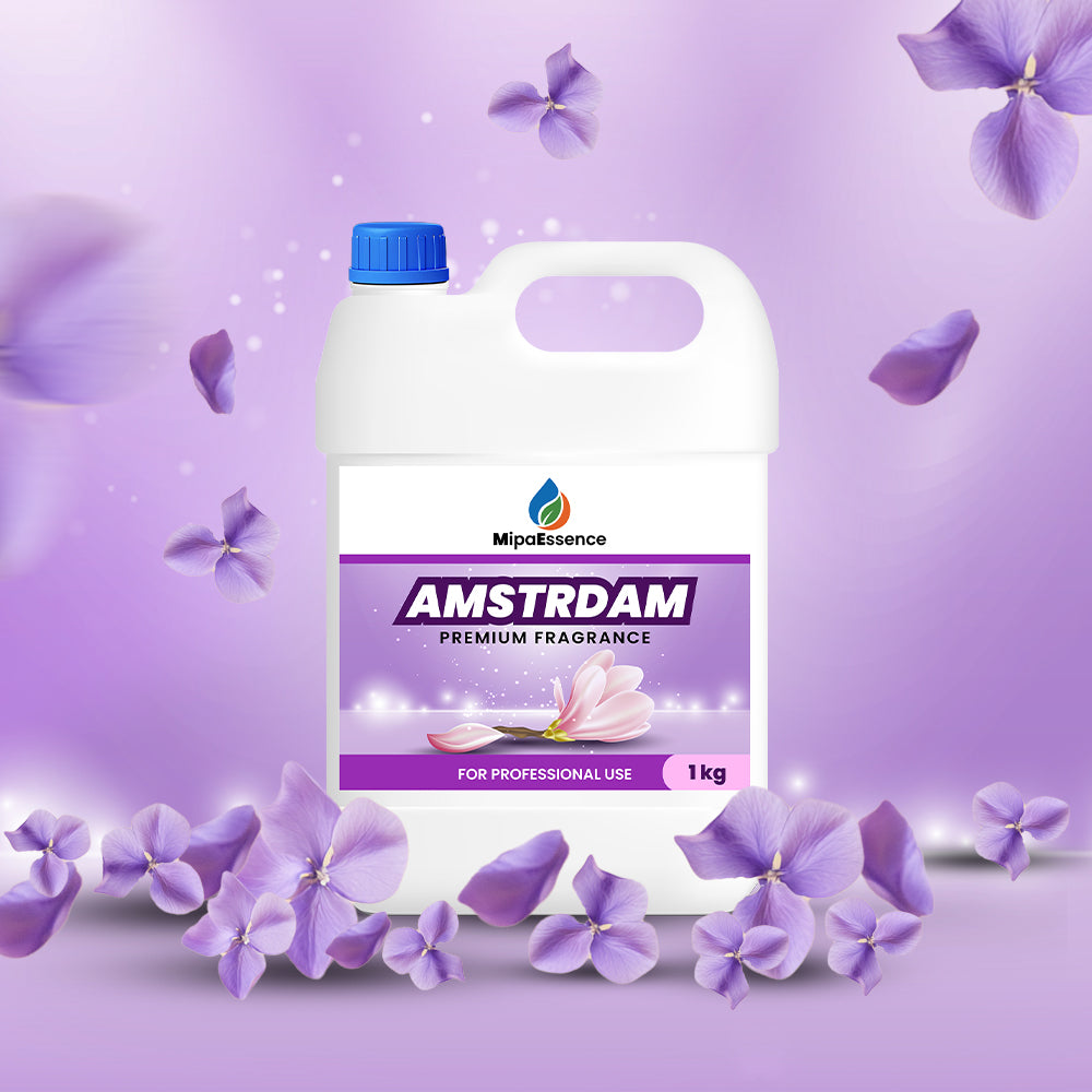 MipaEssence Amstrdam Premium Fragrance 1kg bottle with floral aroma background