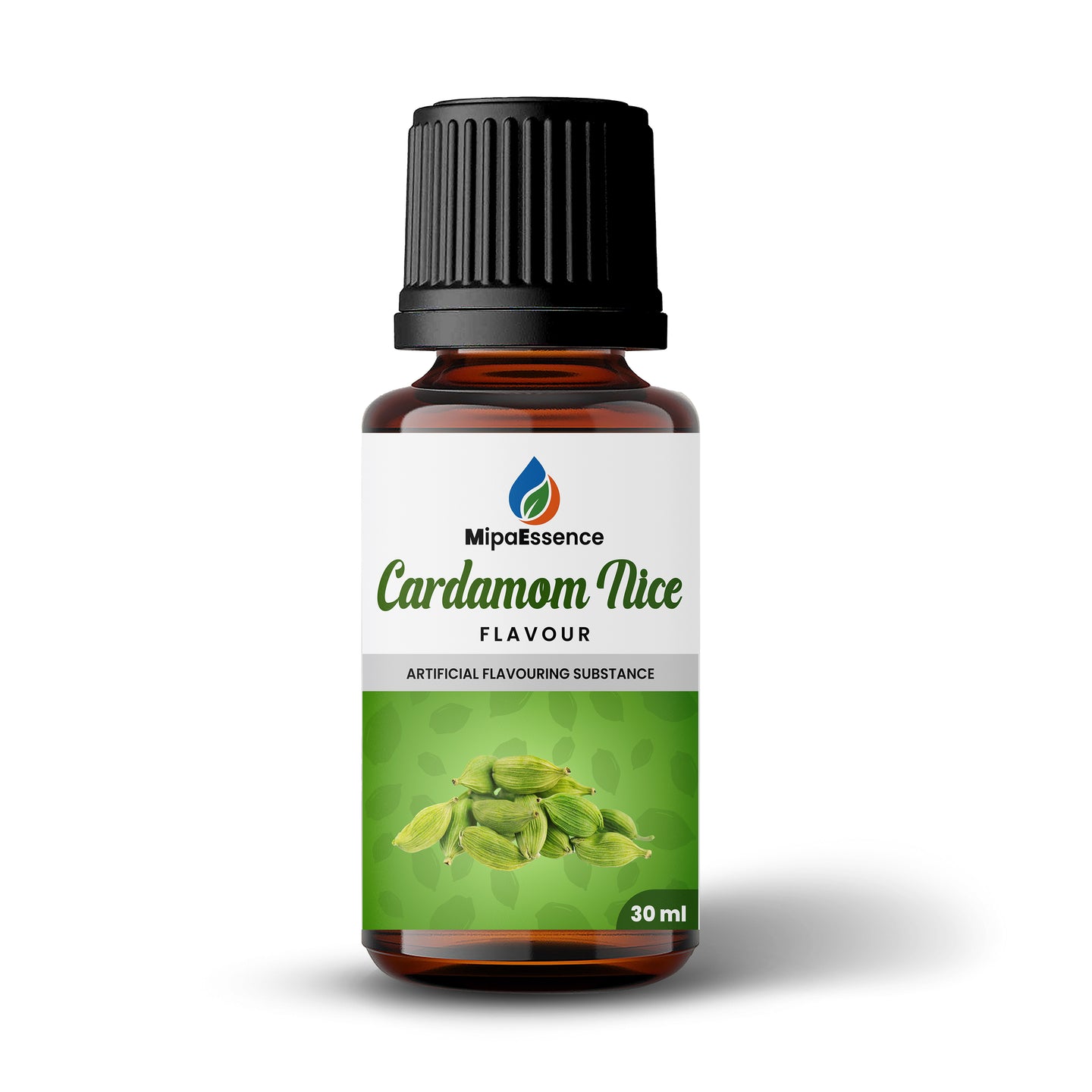 MipaEssence Cardamom Nice Food Flavour – Close-Up of 30ml Bottle Label with Cardamom Pods Illustration