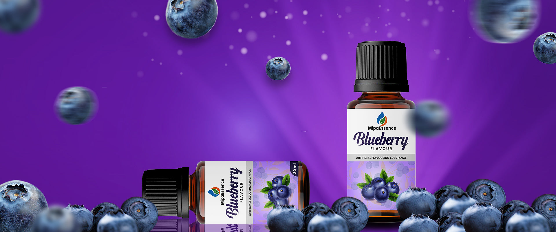 MipaEssence Blueberry Flavour bottle with fresh blueberries and vibrant purple background