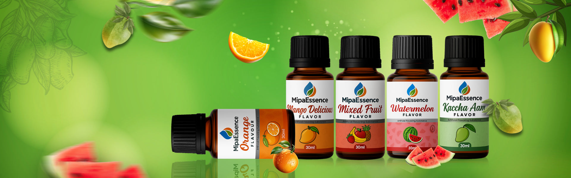 MipaEssence Flavour Kit – Assorted Food Flavours including Orange, Mango Delicious, Mixed Fruit, Watermelon, and Kaccha Aam in 30ml bottles, displayed on a fresh green background with fruity illustrations.