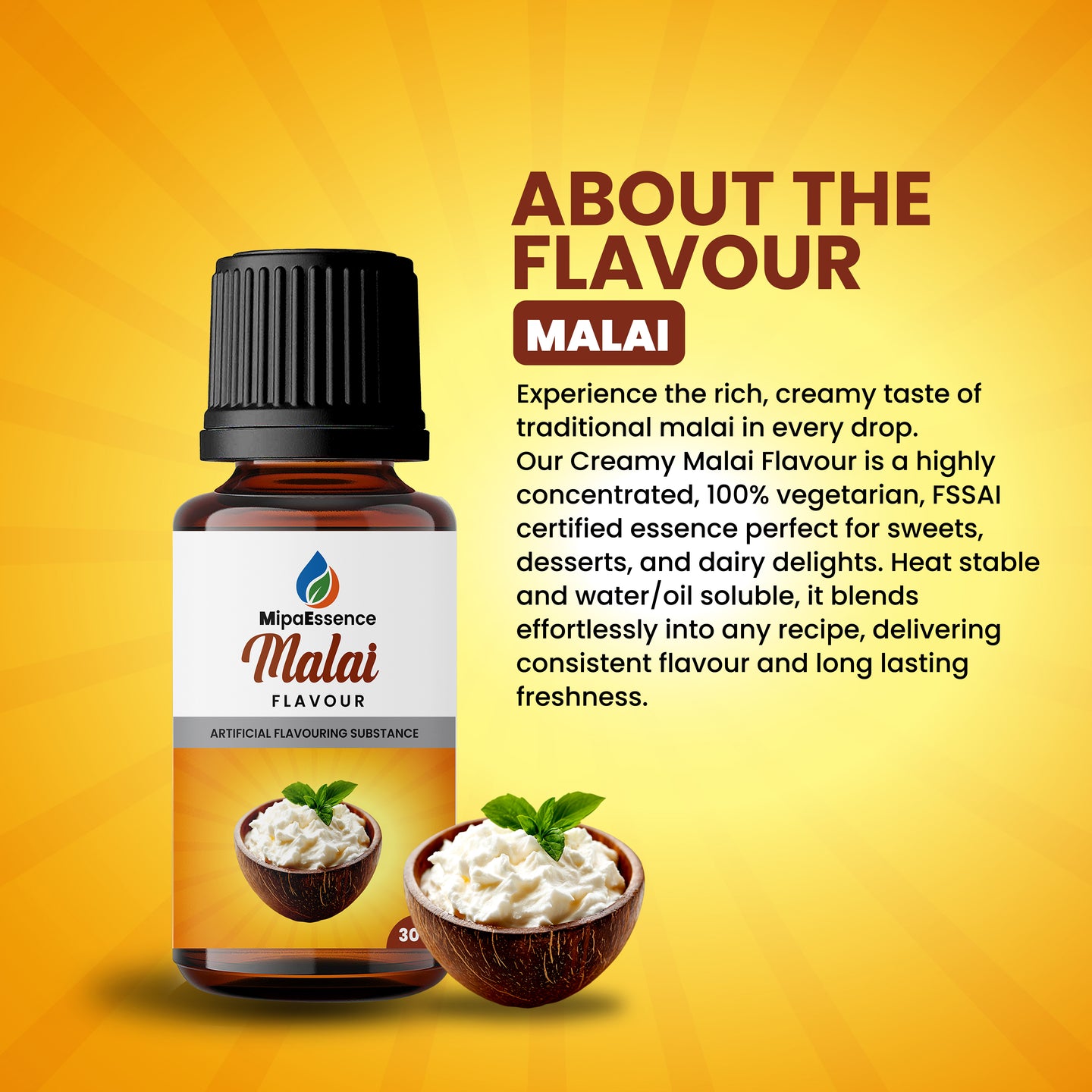 About MipaEssence Malai Flavour – Rich, traditional dairy taste for sweets and desserts with long-lasting freshness.