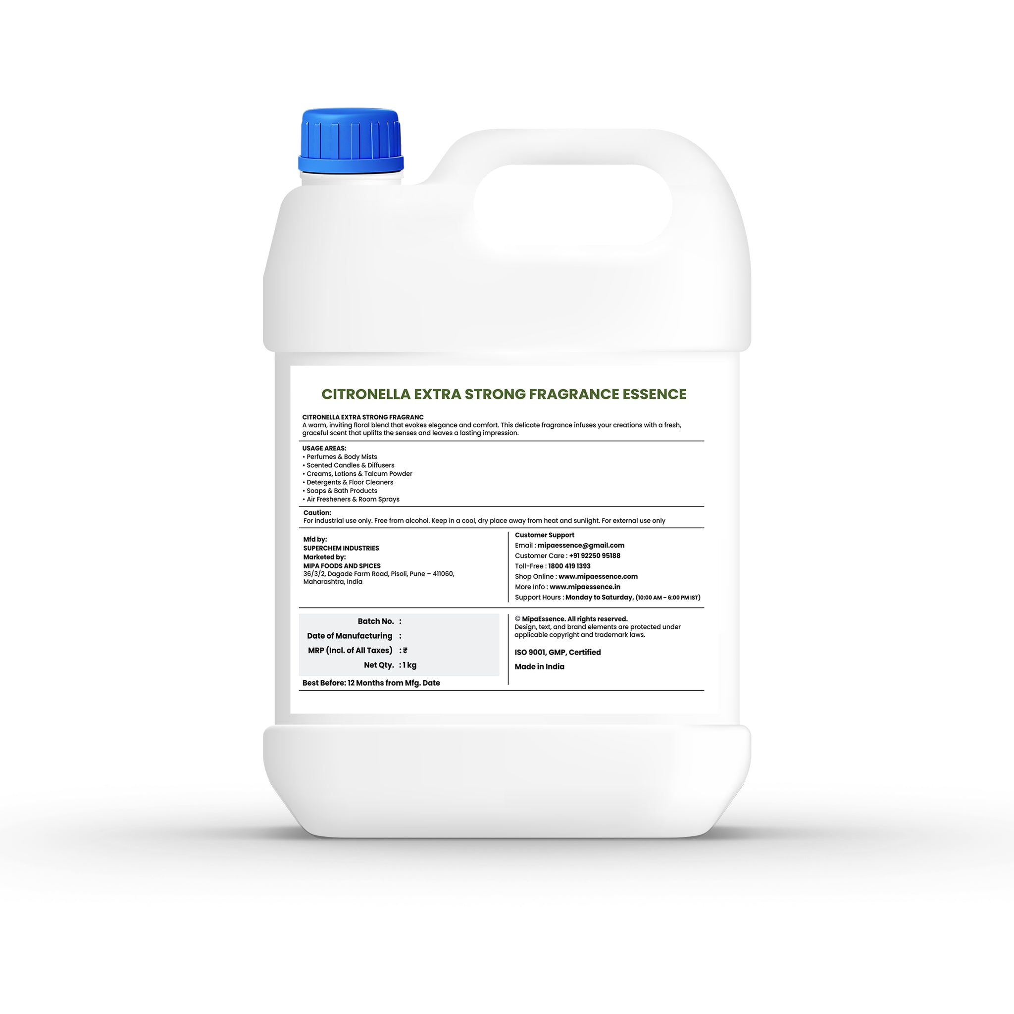 Back label of Citronella Extra Strong Fragrance showing usage instructions, manufacturing details, support info, and compliance.