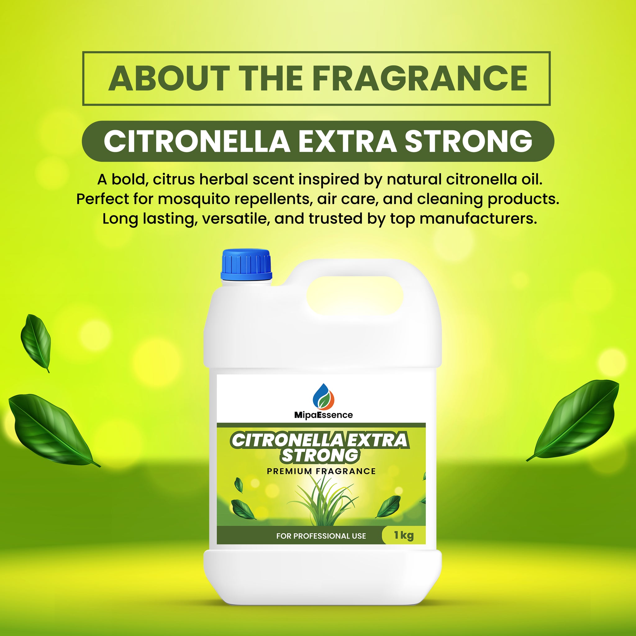About MipaEssence Citronella Extra Strong – a bold citrus scent ideal for mosquito repellents, air fresheners, and industrial applications.