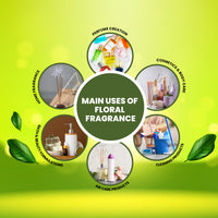 Application wheel showing main uses of floral fragrances like citronella – perfumes, cosmetics, body care, air care, bath, and home cleaners.