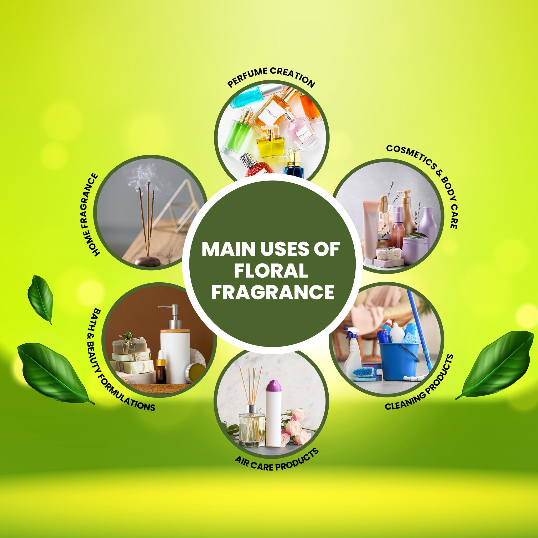 Application wheel showing main uses of floral fragrances like citronella – perfumes, cosmetics, body care, air care, bath, and home cleaners.