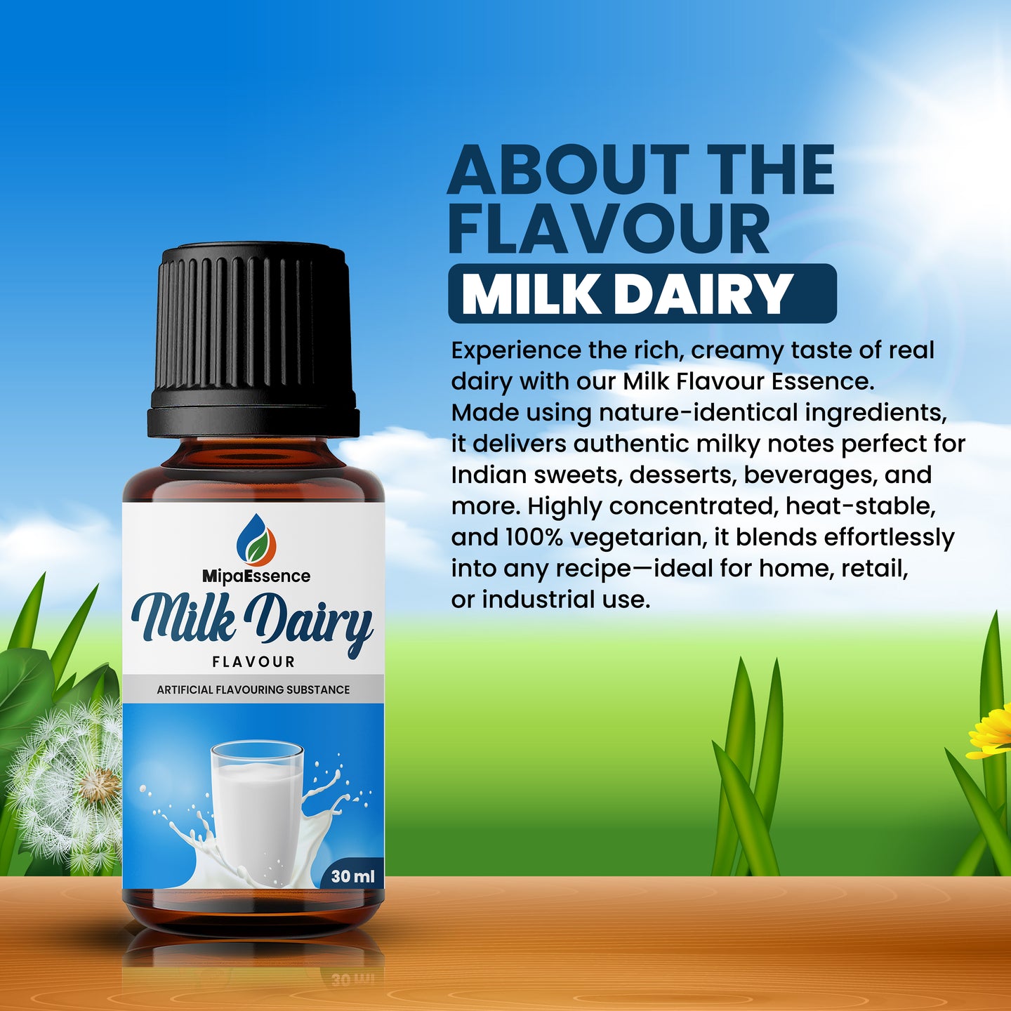 About the Flavour: MipaEssence Milk Dairy – Description showcasing creamy, rich flavour with use in sweets, desserts, and beverages