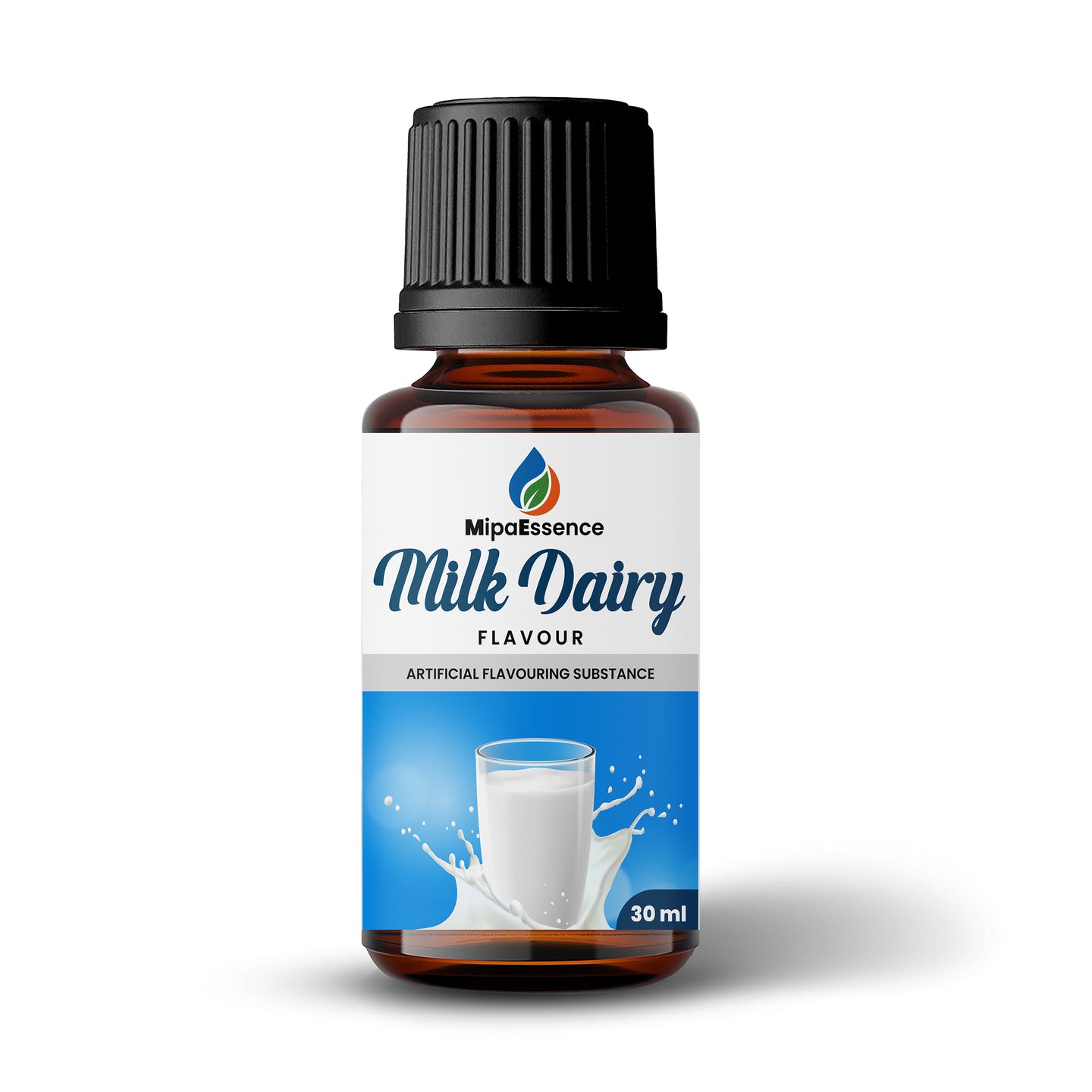 Single bottle product render of MipaEssence Milk Dairy Flavour 30ml with splash and milk glass design