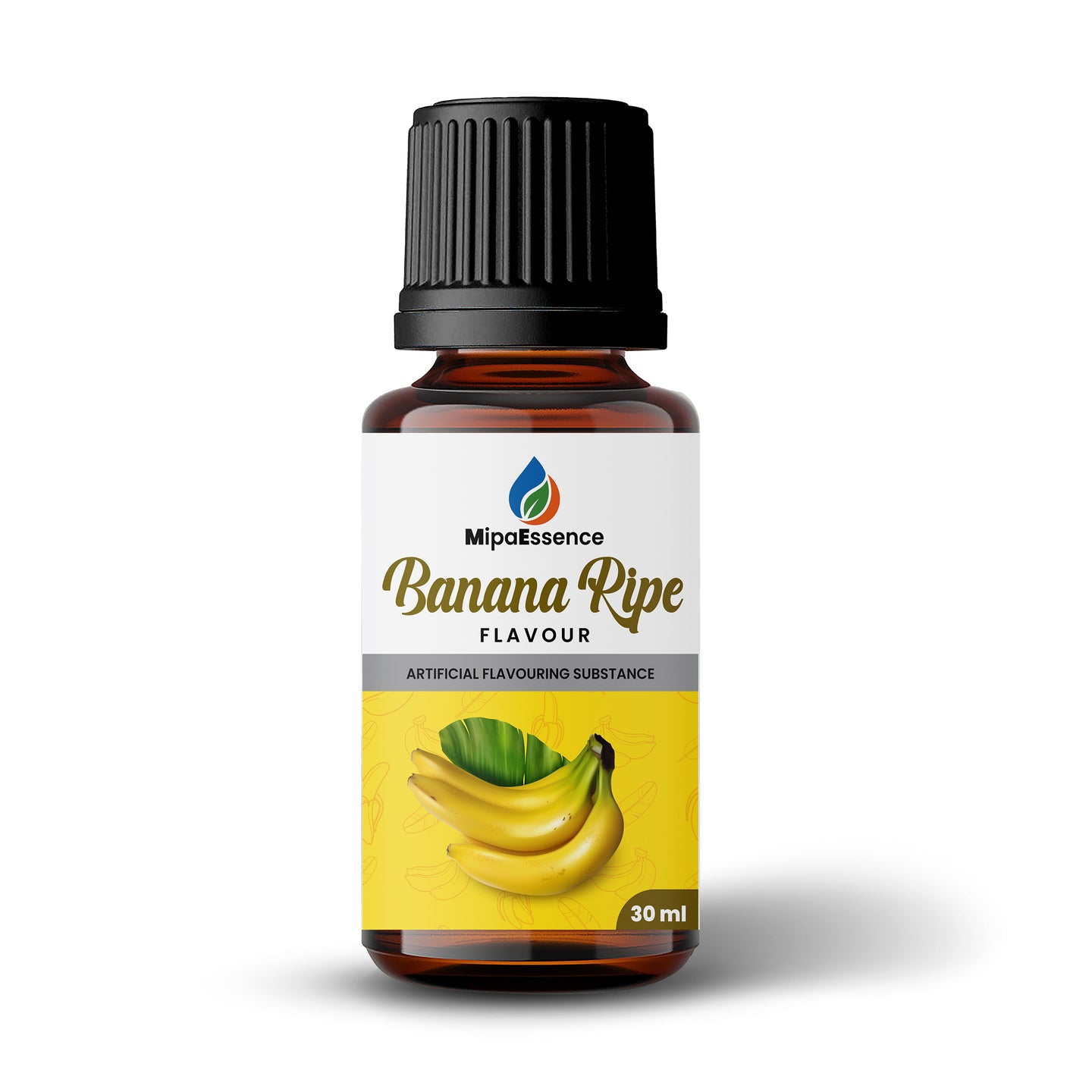 MipaEssence Banana Ripe Food Flavour 30ml bottle featuring label and banana-themed background.