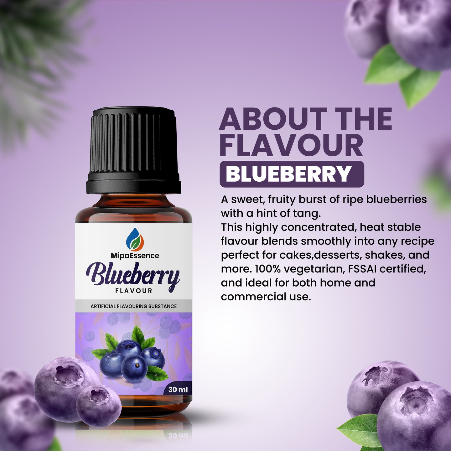 About Blueberry Flavour – A sweet, fruity, and juicy berry essence that captures the taste of ripe blueberries.