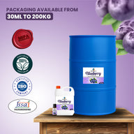 MipaEssence Blueberry Flavour – Shown in 30ml, 1kg, and 200kg packs for frozen desserts, beverages, and bakery use.