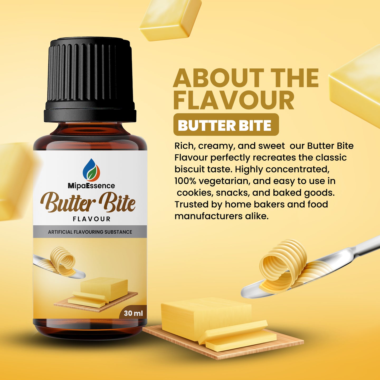 MipaEssence Butter Bite Flavour Overview: Rich, creamy, and sweet biscuit flavour essence ideal for cookies, snacks, and baked goods, trusted by bakers and food manufacturers.