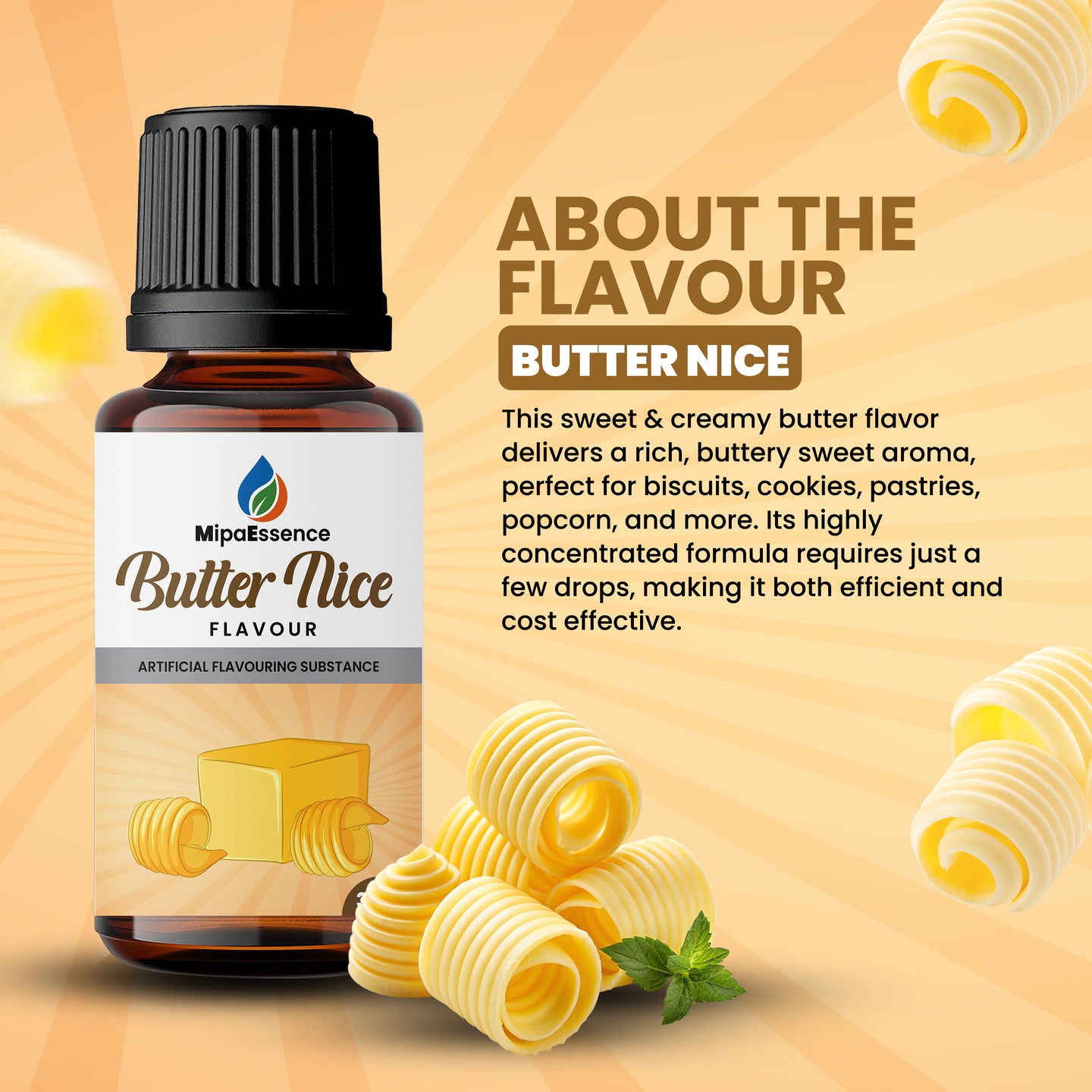 MipaEssence Butter Nice Food Flavour – Sweet and creamy butter flavour with rich aroma, ideal for biscuits, cookies, pastries, and popcorn, highly concentrated and cost-effective.