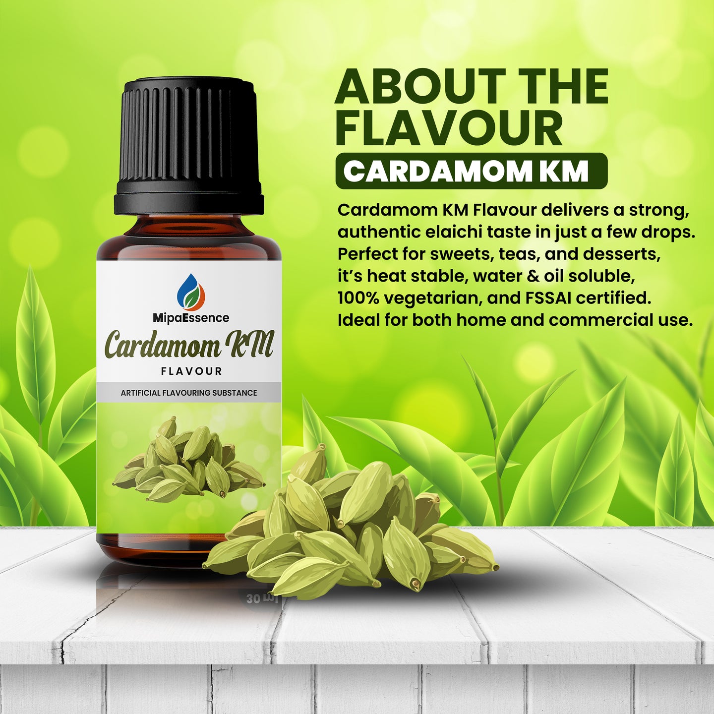 About MipaEssence Cardamom KM Flavour – Bold and Authentic Elaichi Flavour for Sweets, Teas, Desserts, Home and Commercial Use
