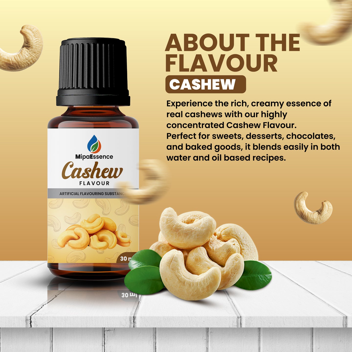 MipaEssence Cashew Food Flavour bottle with description about rich, creamy cashew essence for sweets, chocolates, desserts, and baked goods.