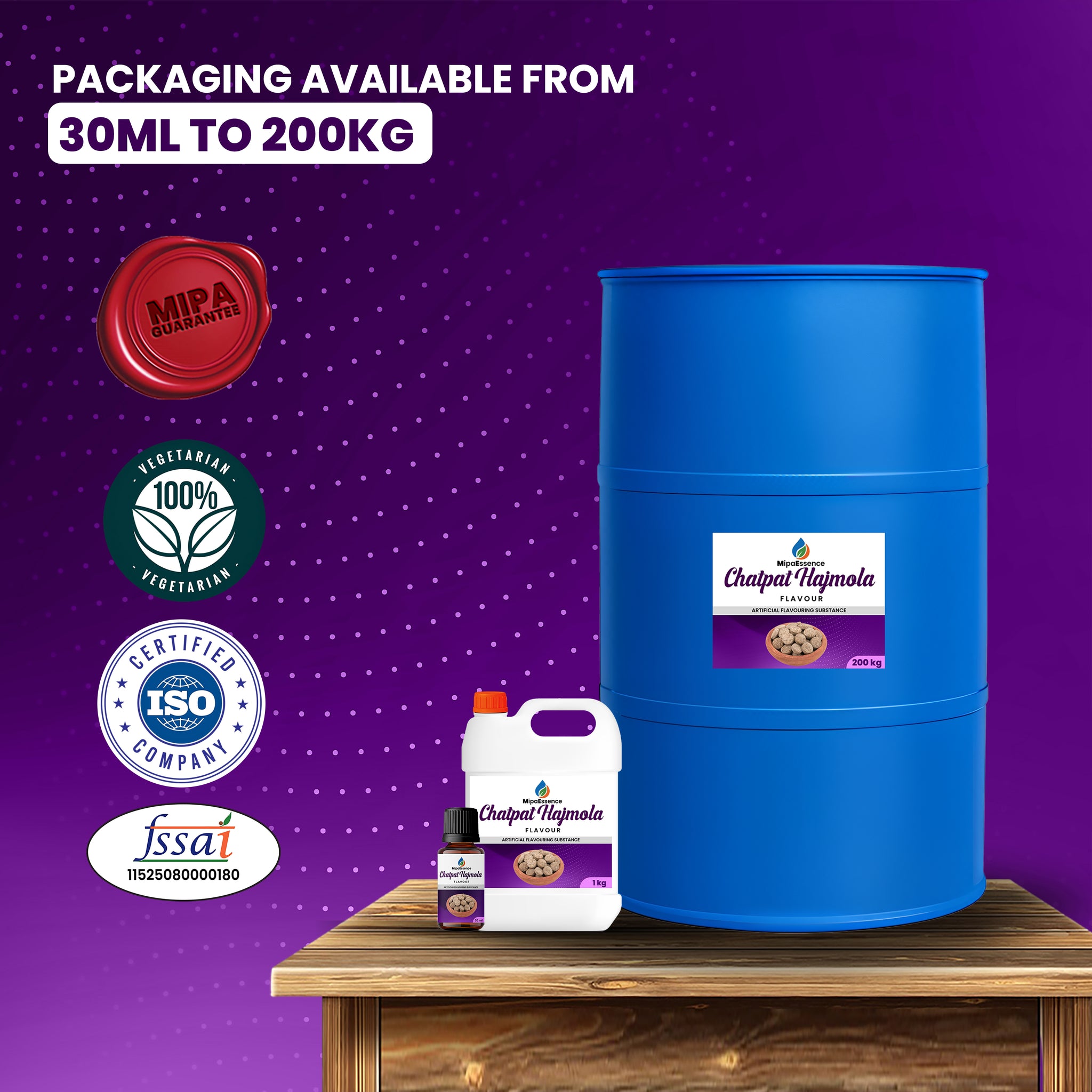 MipaEssence Chatpat Hajmola Flavour – Full packaging range including 30ml, 1kg, and 200kg formats for digestive and savoury applications.