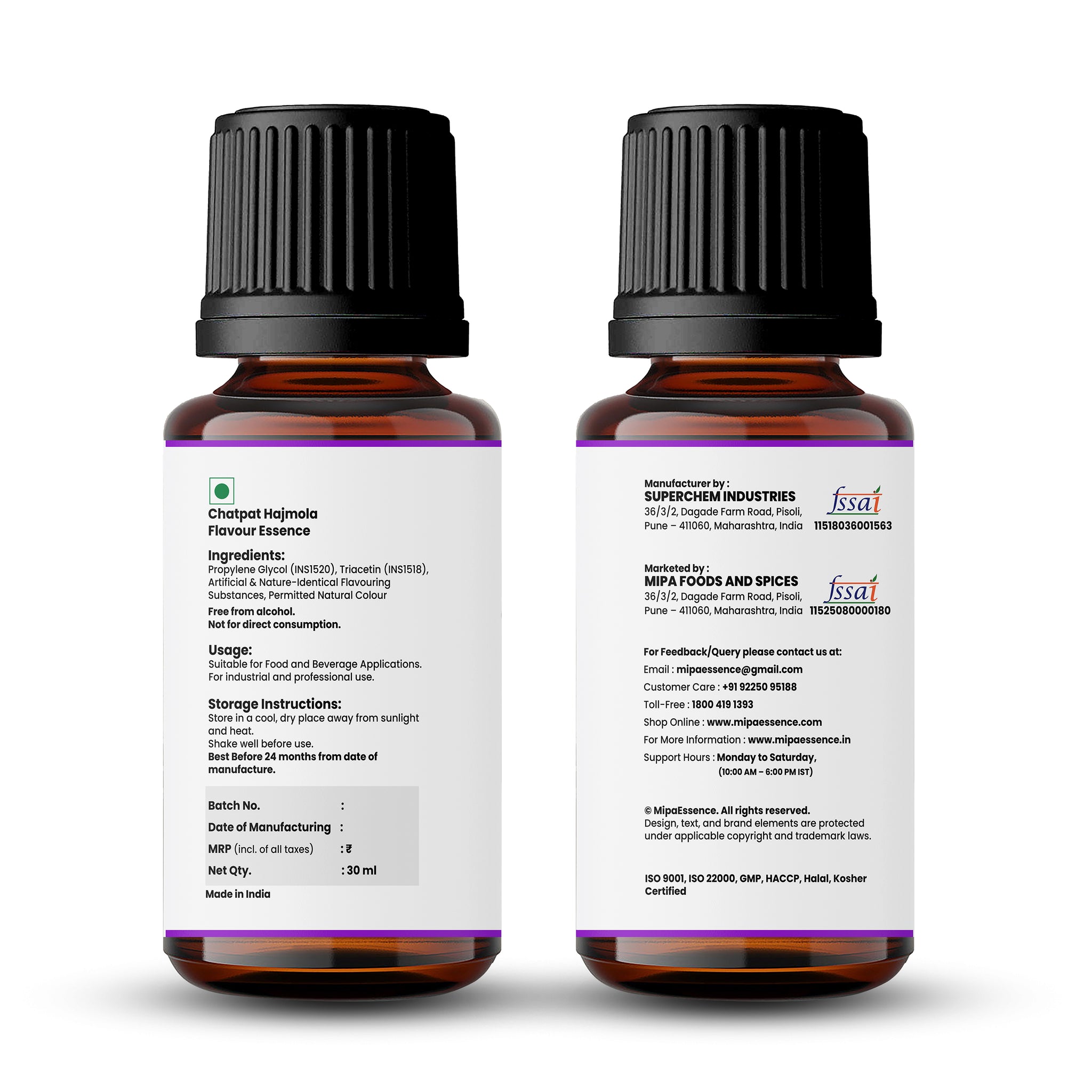 Label of Chatpat Hajmola Flavour 30ml bottle with ingredient info, dosage guidelines, FSSAI number, and storage instructions.