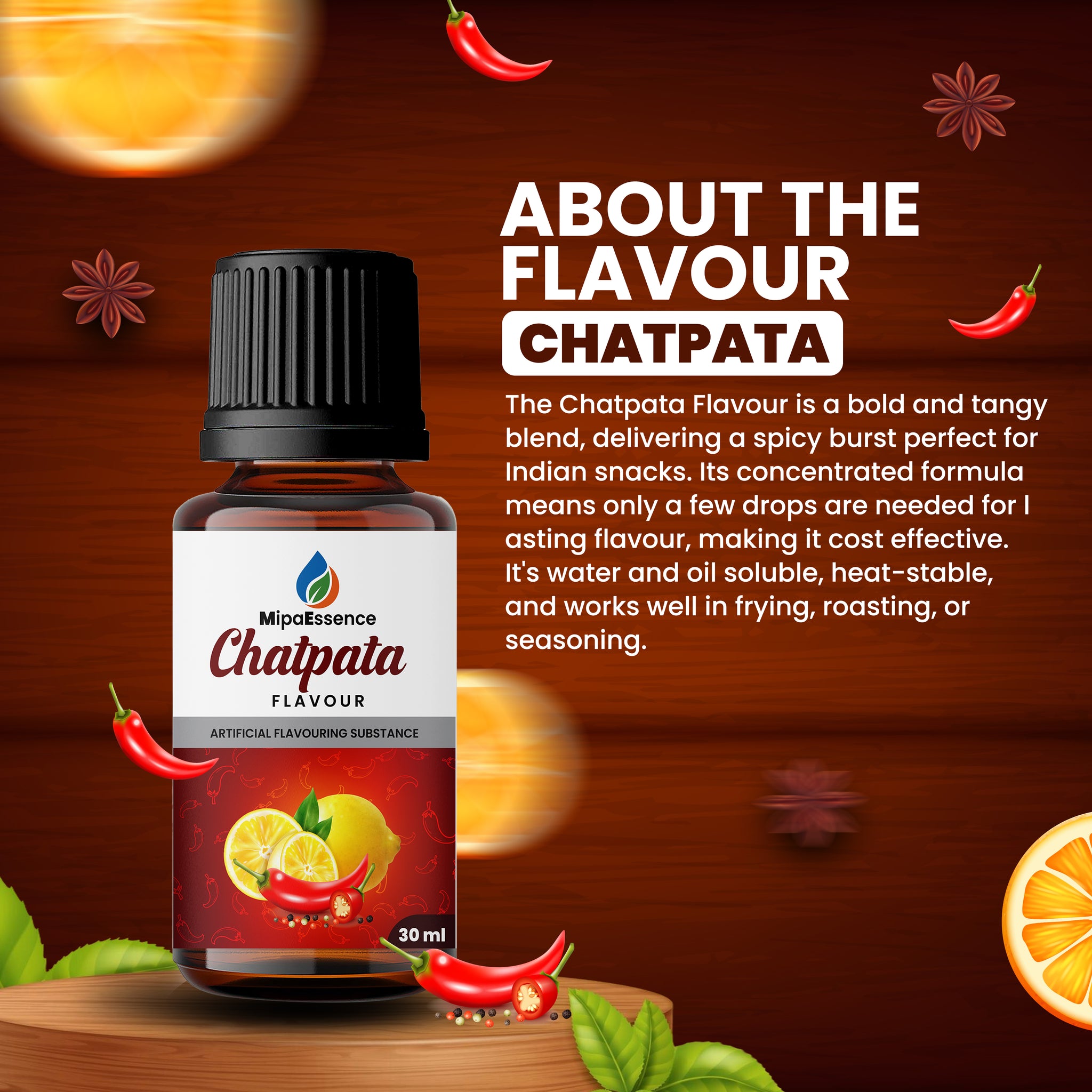 MipaEssence Chatpata Flavour – Bold, spicy, tangy food flavouring for snacks, chutneys, masala soda, and seasonings.
