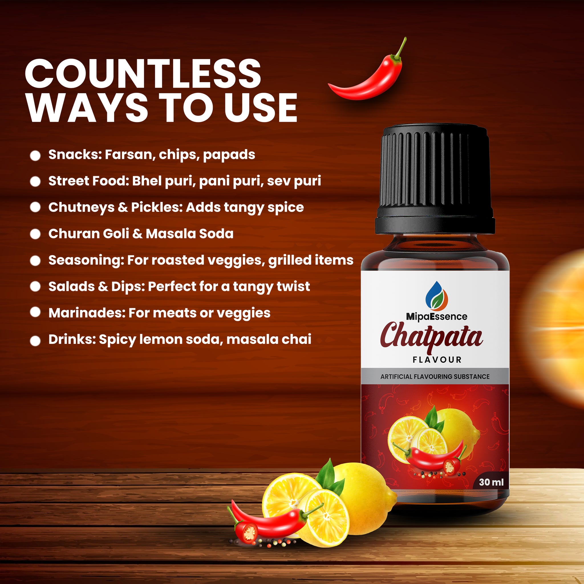 MipaEssence Chatpata Flavour – Ideal for Indian snacks, street foods, pickles, churan, marinades, and beverages.