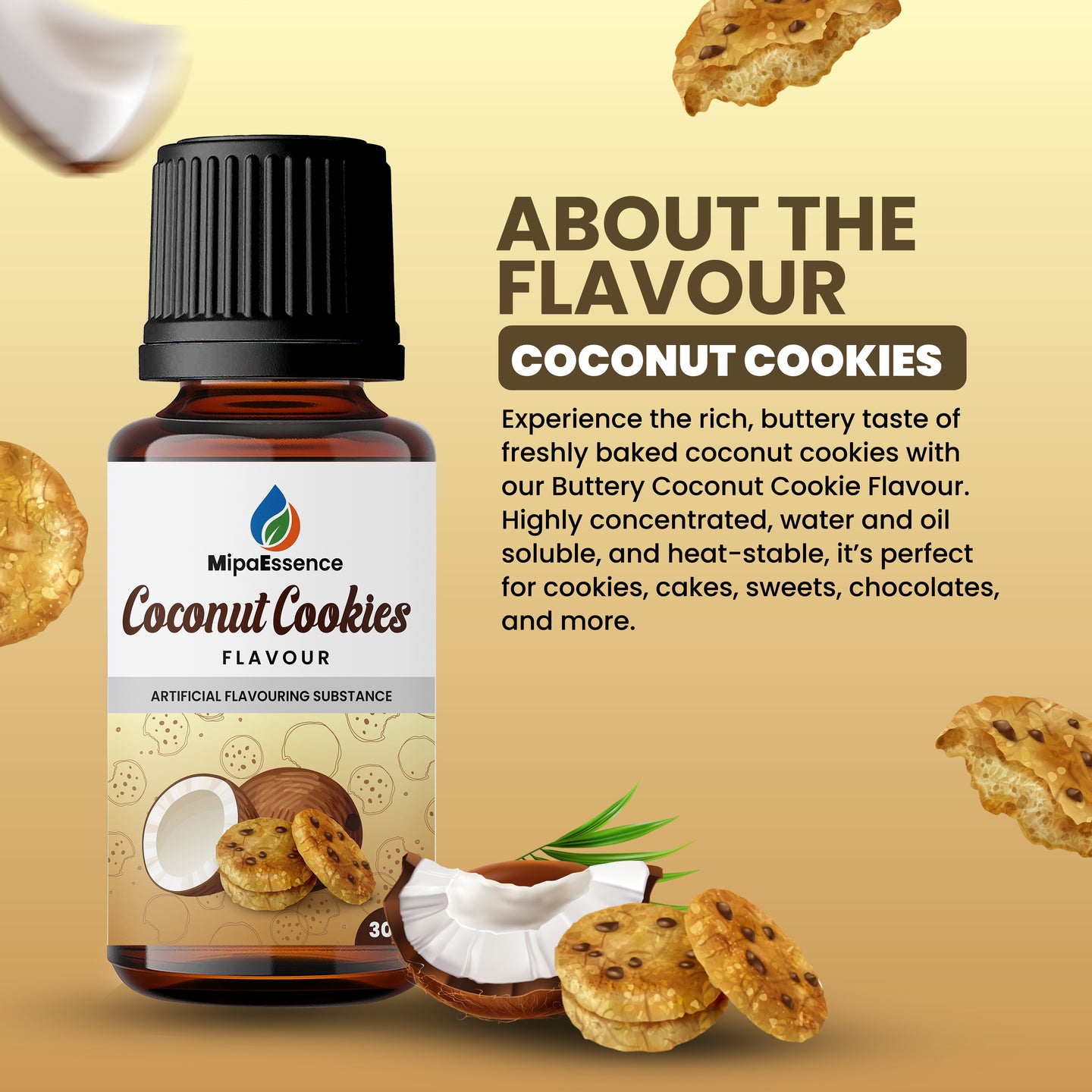 MipaEssence Coconut Cookies Flavour - Buttery coconut cookie essence description with product image and usage highlights