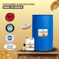 Packaging range of Coconut Cookies Flavour from 30ml to 200kg with ISO and FSSAI certification icons
