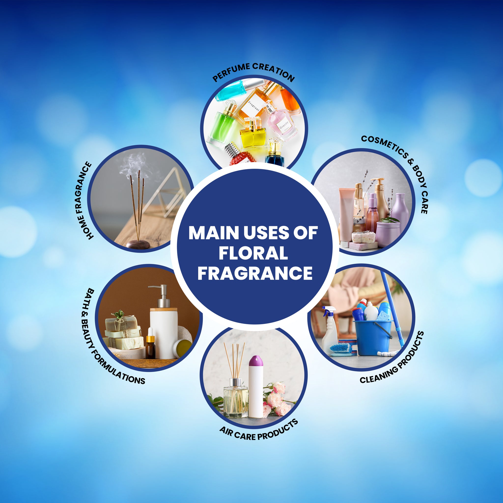Main applications of Desire Fragrance – suitable for perfumes, body care, home care, incense, and cleaning products.