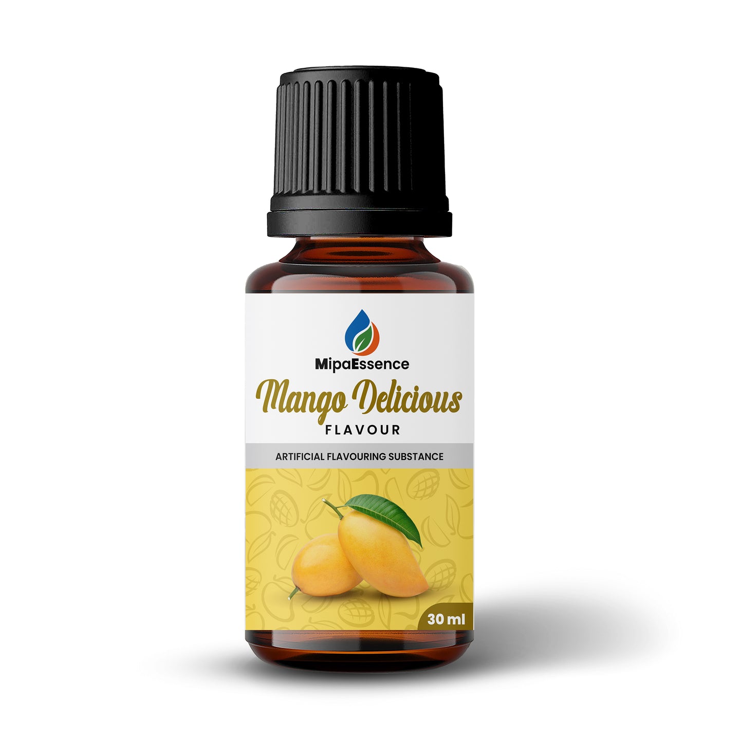 MipaEssence Mango Delicious Flavour 30ml bottle with label showing ripe mango illustration and artificial flavouring substance note.