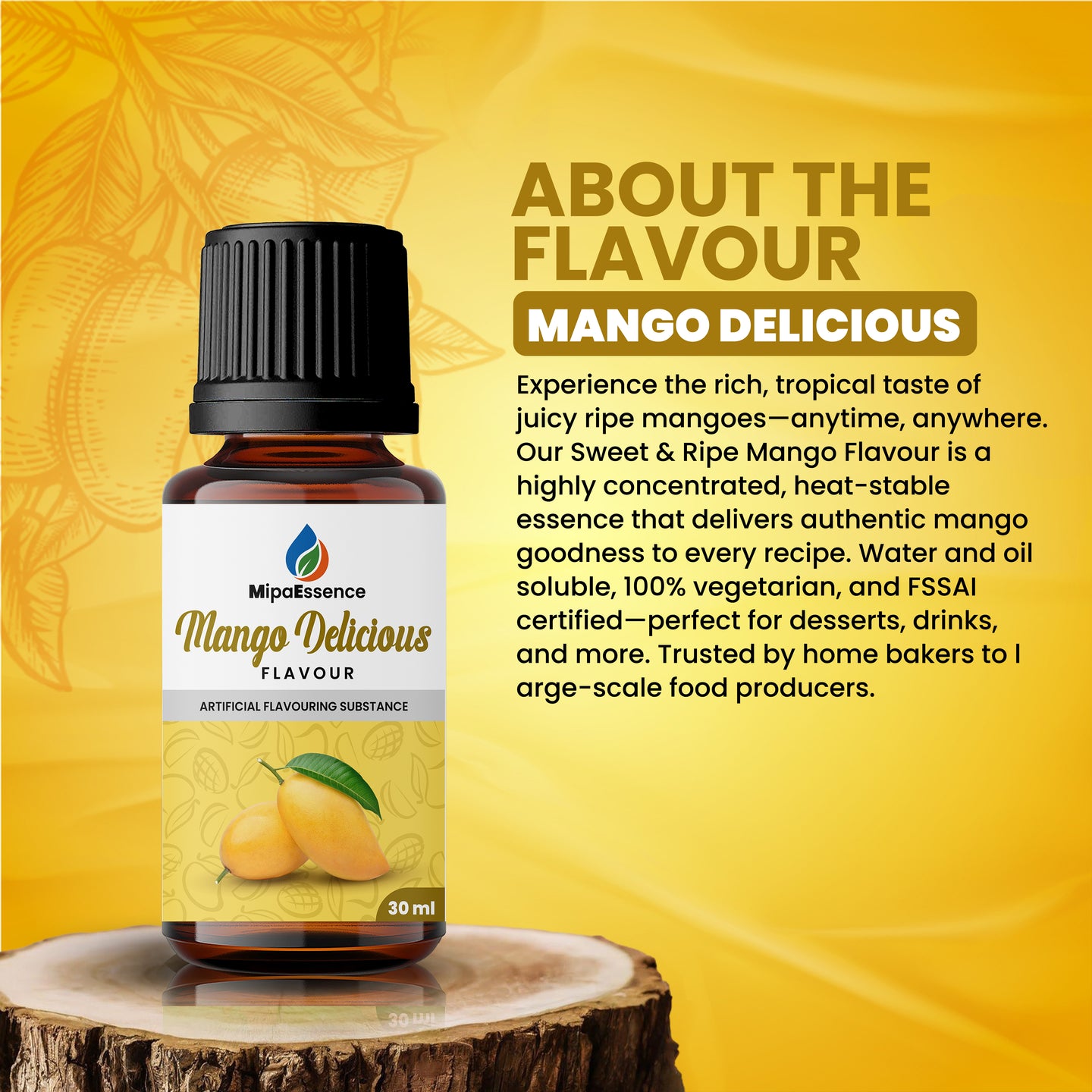 Description of MipaEssence Mango Delicious Flavour – sweet ripe mango flavouring for ice creams, syrups, Indian sweets, and large-scale use.