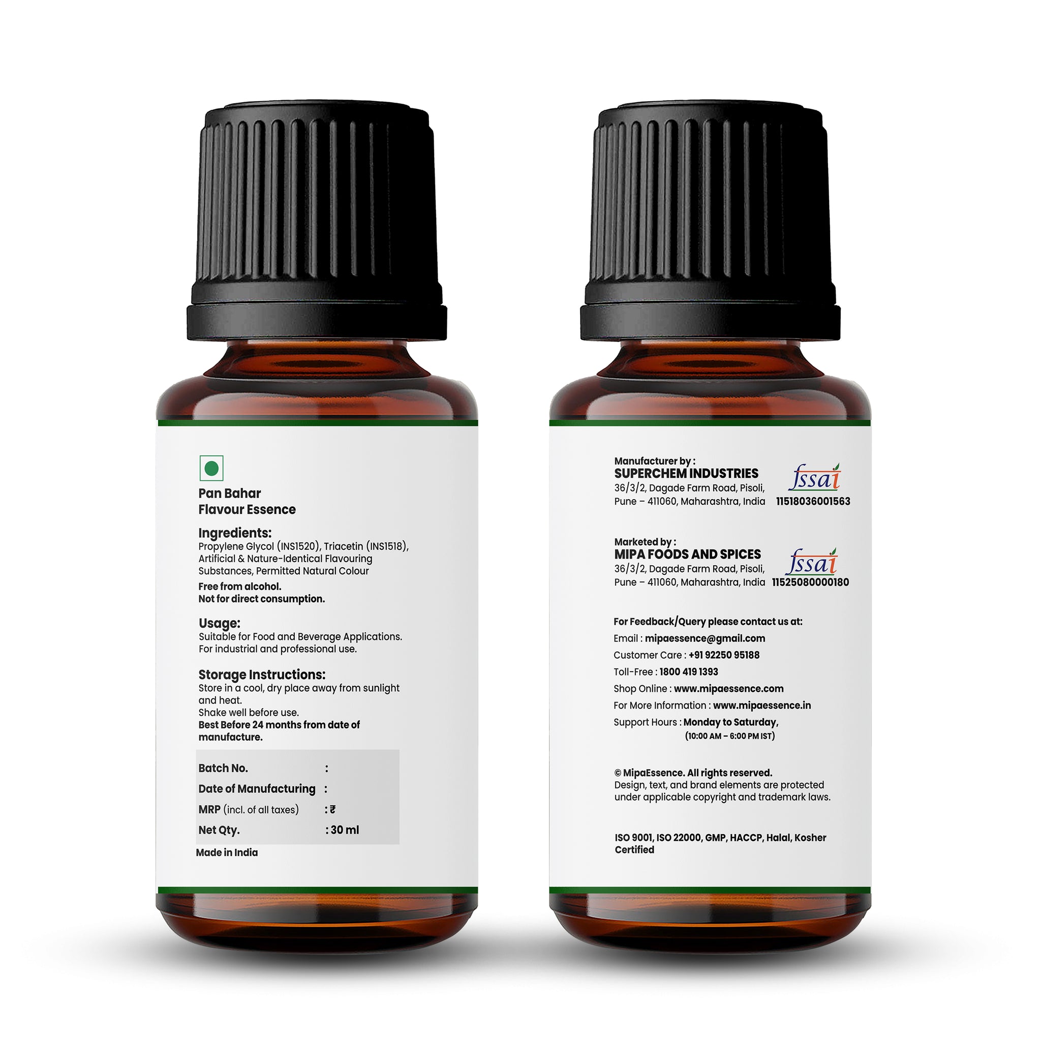 30ml Pan Bahar Flavour label – includes ingredients, usage directions, FSSAI compliance, and safety information.