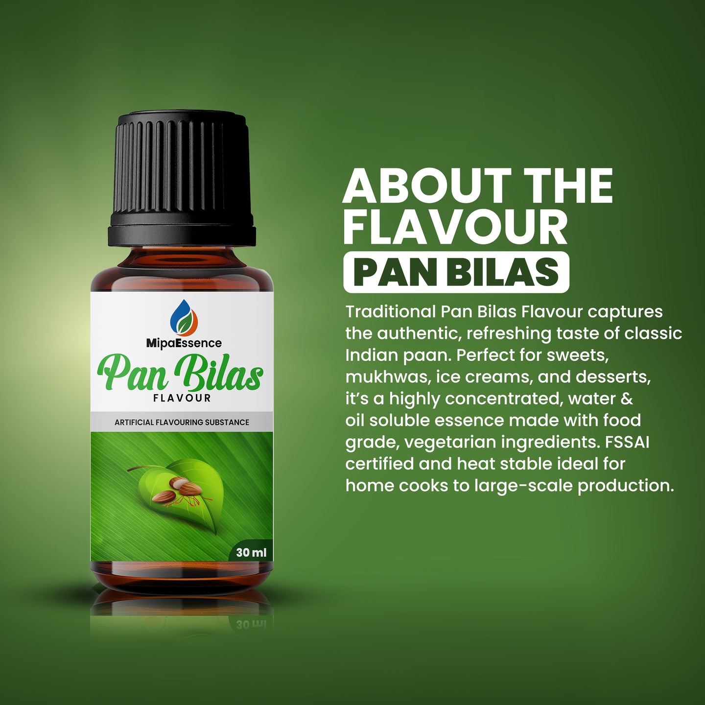 About Pan Bilas Flavour by MipaEssence – Traditional Indian paan essence with refreshing taste, ideal for desserts, mukhwas, and ice creams.