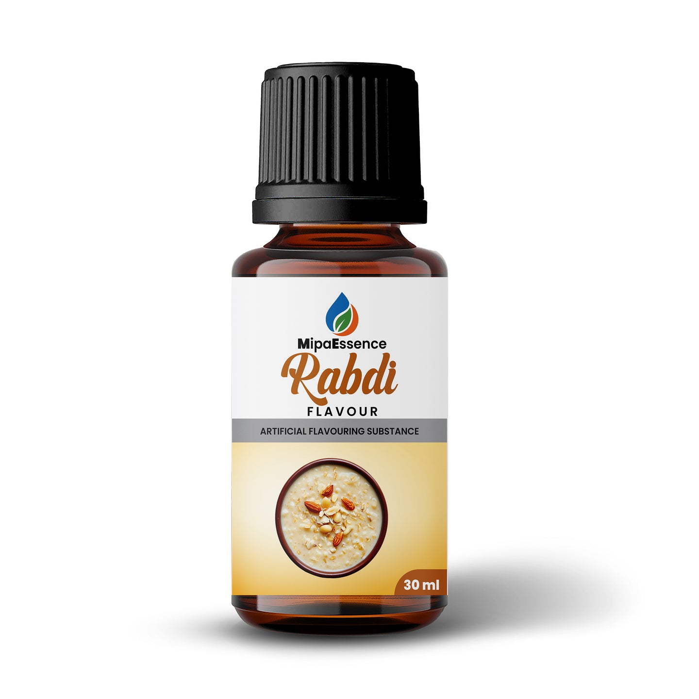 Front view of MipaEssence Rabdi Flavour 30ml bottle featuring a traditional rabdi bowl illustration and product branding.