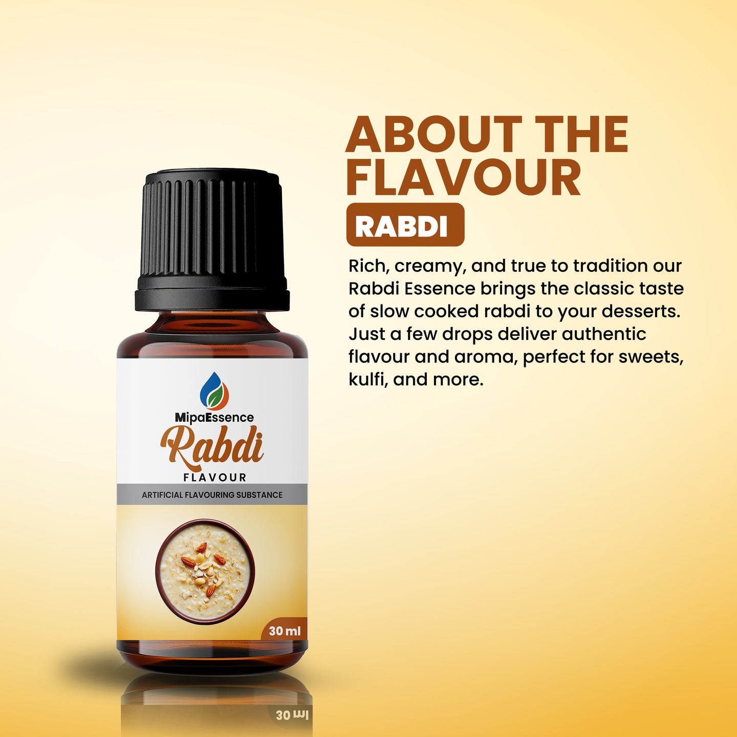 Rich and creamy Rabdi Flavour by MipaEssence delivers the authentic slow-cooked rabdi taste, perfect for sweets, kulfi, and traditional desserts.