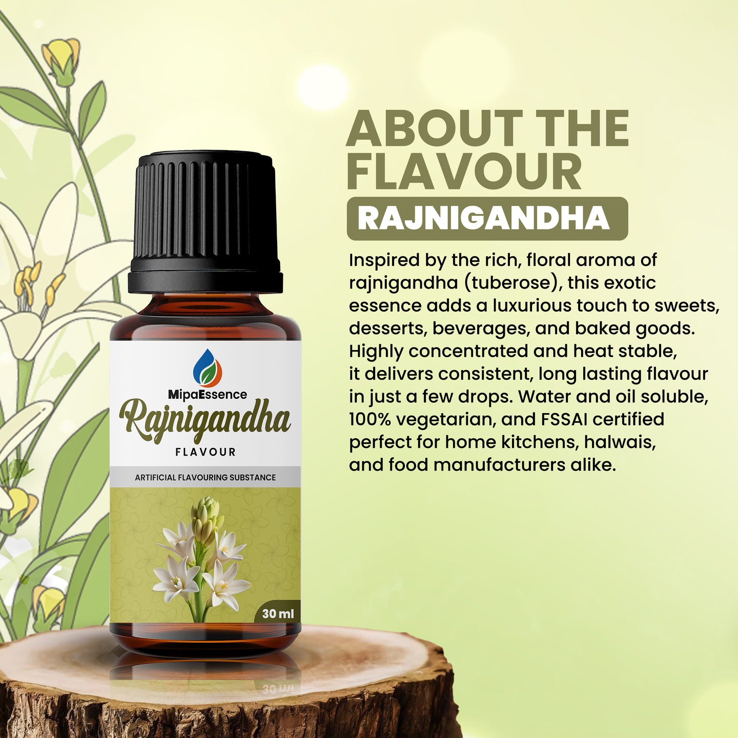 About MipaEssence Rajnigandha Flavour – Floral and earthy essence inspired by tuberose, perfect for ethnic mouth fresheners.