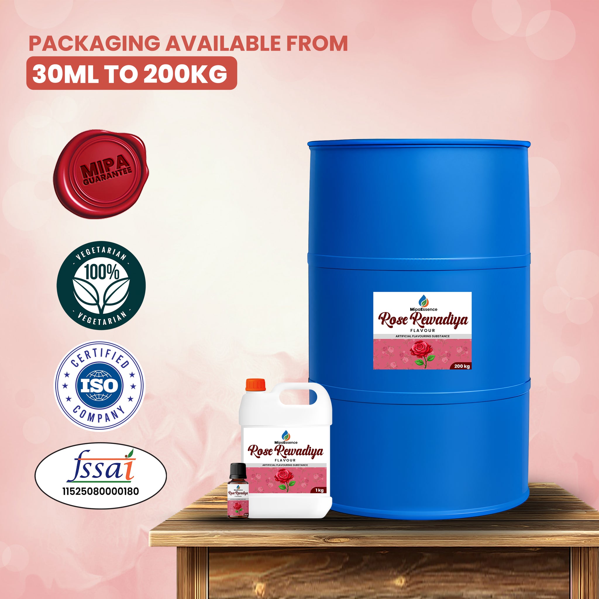 MipaEssence Rose Rewadiya Flavour – 30ml bottle, 1kg can, and 200kg drum packaging for food-grade floral flavouring.