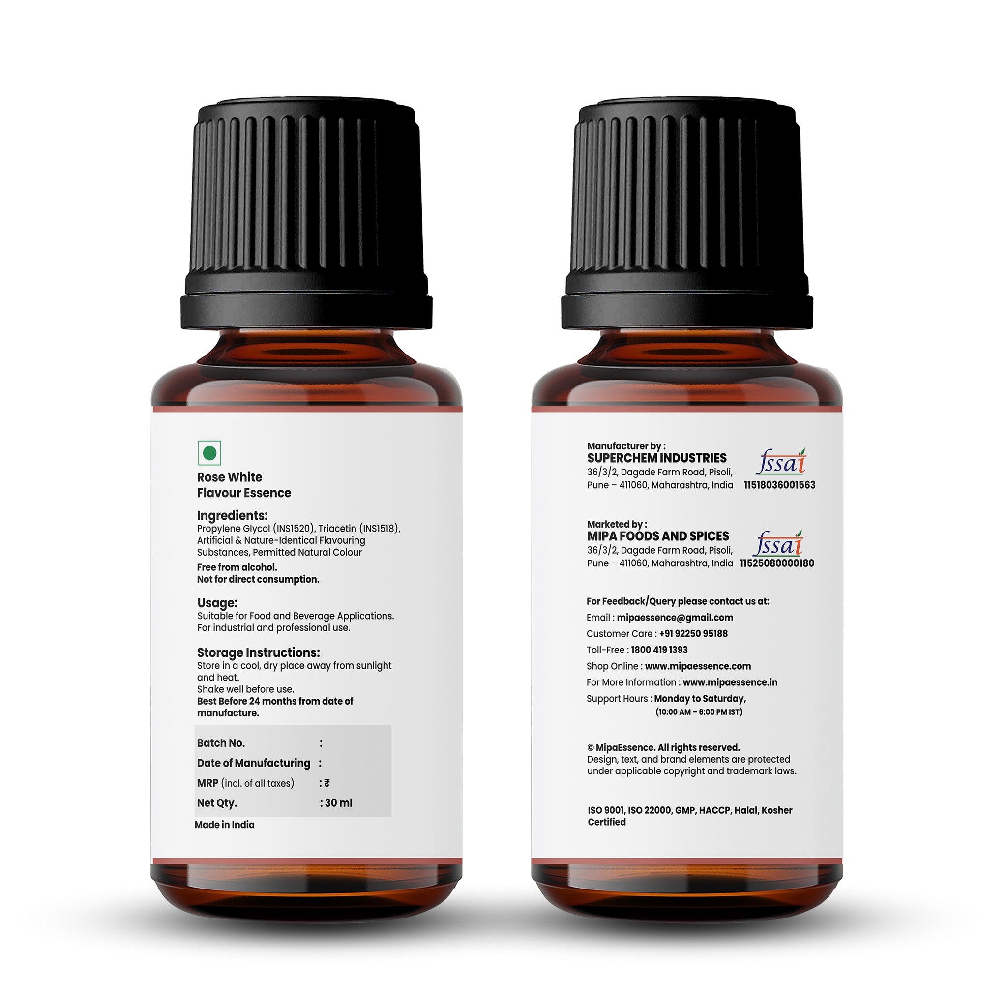 MipaEssence Rose White Flavour bottle label showing ingredients, usage instructions, storage, and FSSAI/ISO compliance details.