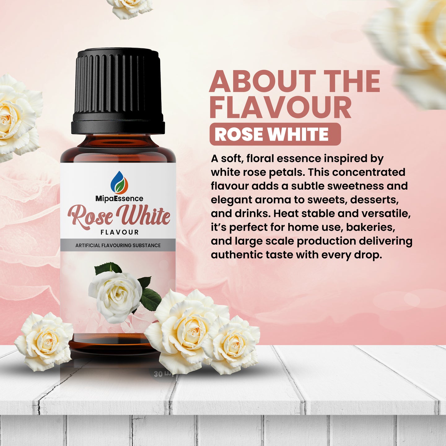 A floral and elegant Rose White flavour essence ideal for sweets, drinks, and desserts — made from white rose petal inspiration with long-lasting aroma.