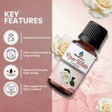 Key features of Rose White Flavour: delicate floral aroma, ultra-concentrated, heat-stable, dual-soluble, and certified vegetarian with FSSAI.
