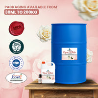 MipaEssence Rose White Flavour packaging range with 30ml, 1kg, and 200kg variants, vegetarian, FSSAI and ISO certified.