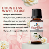 Uses include sweets like rasgulla and peda, frozen desserts, rose drinks, cupcakes, gulkand-based mithai, and mocktails with Rose White Flavour.