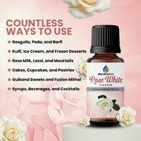 Uses include sweets like rasgulla and peda, frozen desserts, rose drinks, cupcakes, gulkand-based mithai, and mocktails with Rose White Flavour.