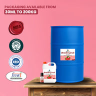 MipaEssence Strawberry Crush Flavour packaging range – available from 30ml to 200kg, FSSAI certified, ISO compliant, and vegetarian.