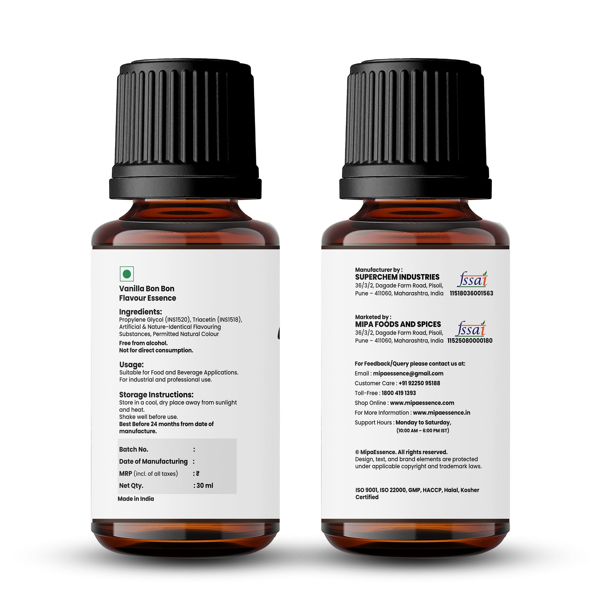 Full label of Vanilla Bon Bon Flavour showing ingredients, batch details, usage, storage, and manufacturer/distributor compliance info.