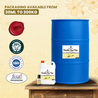 Packaging options of Vanilla Bon Bon Flavour – available in 30ml, 1kg, and 200kg with vegetarian, ISO, and FSSAI certifications.