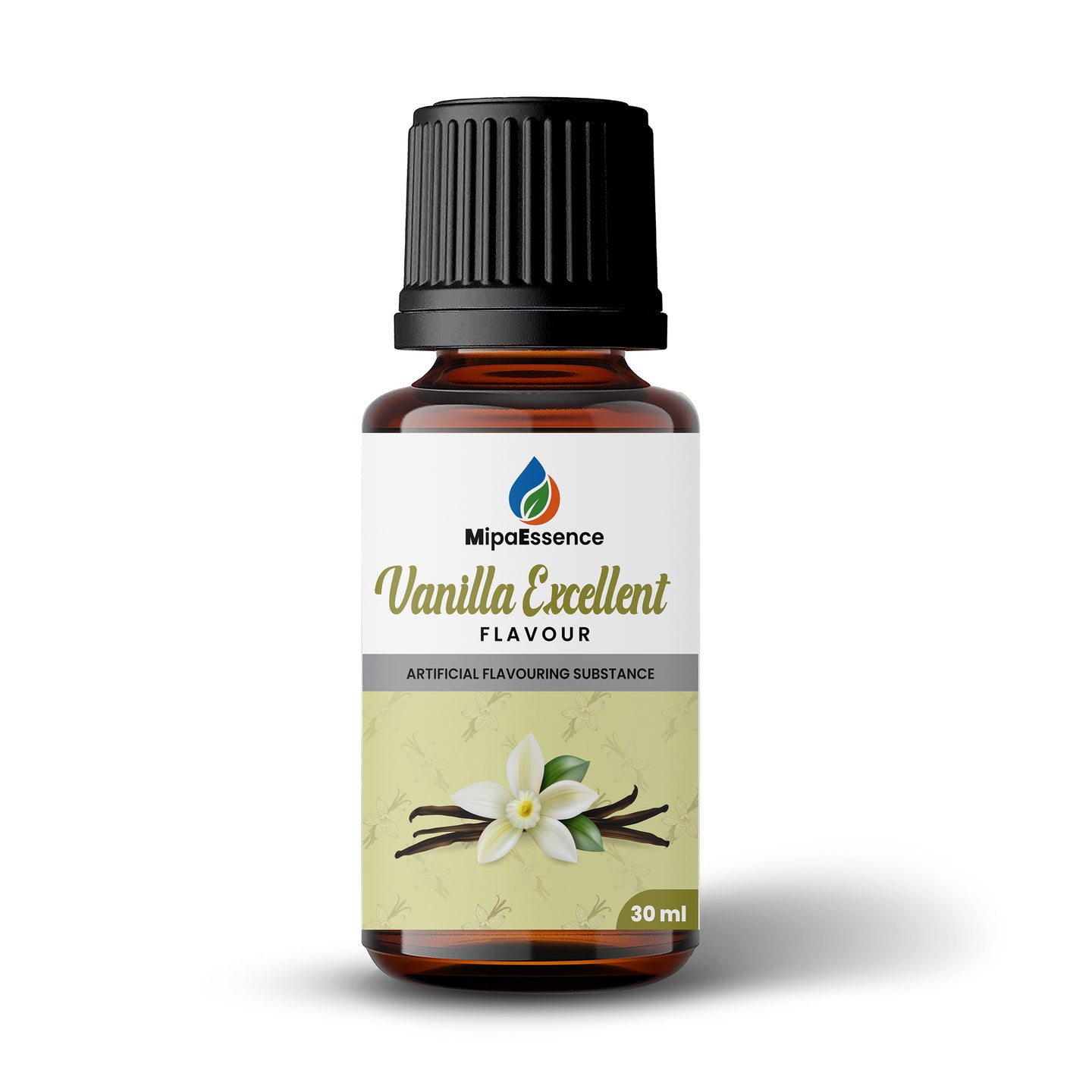 MipaEssence Vanilla Excellent Flavour front-facing 30ml bottle with label featuring vanilla flower illustration and artificial flavouring declaration.